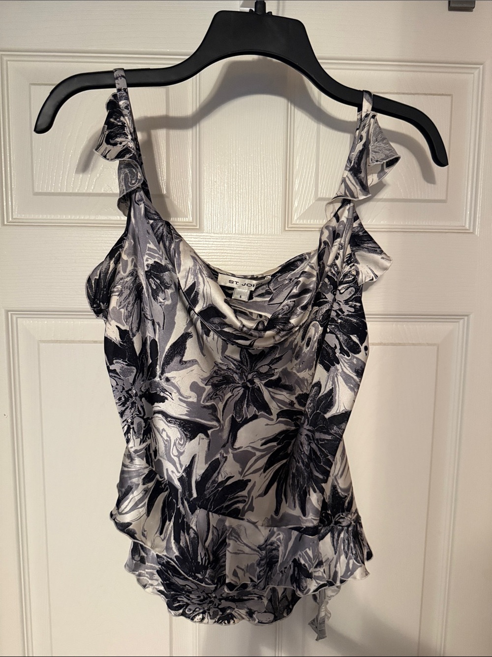 St. John Black & White Floral Satin Cowl Neck Camisole